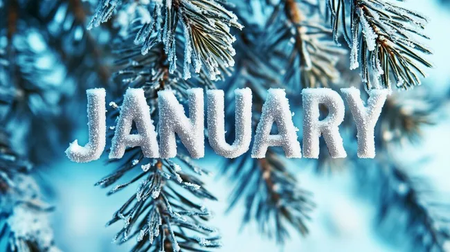 Winterliche Tannenzweige mit Schnee und Schriftzug 'Januar'