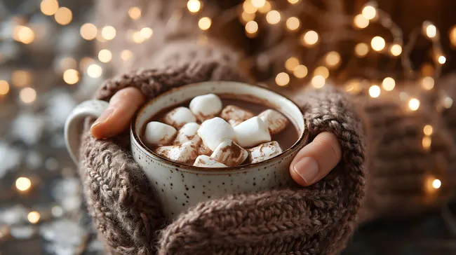 Winterliche Tasse Heiße Schokolade mit Marshmallows