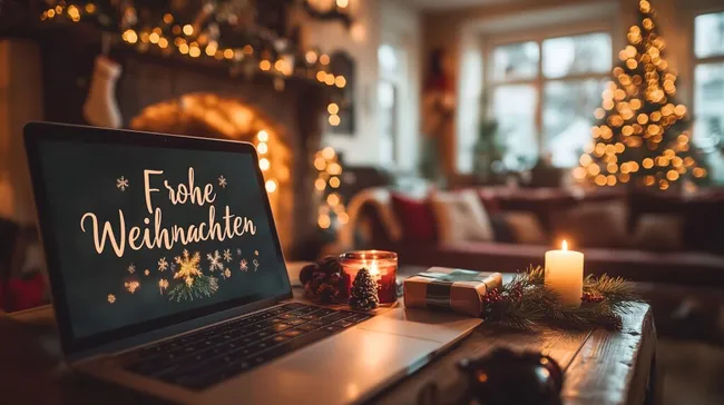 Winterliche Weihnachtsatmosphäre mit Laptop und Deko