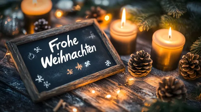 Winterliche Weihnachtsdekoration mit Kerzen, Tannenzapfen und Tafel