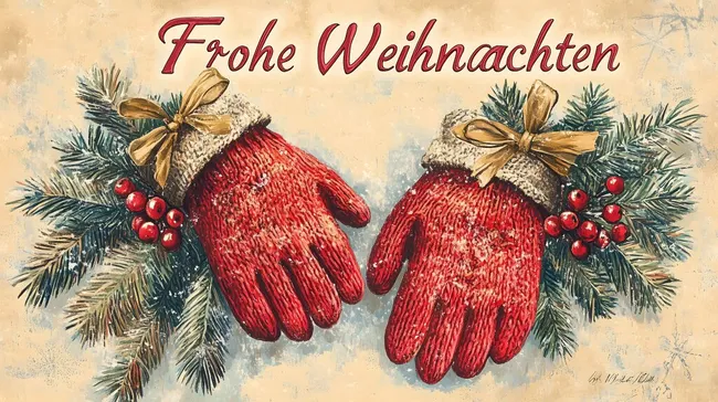 Winterliche Weihnachtsgrüße mit roten Handschuhen