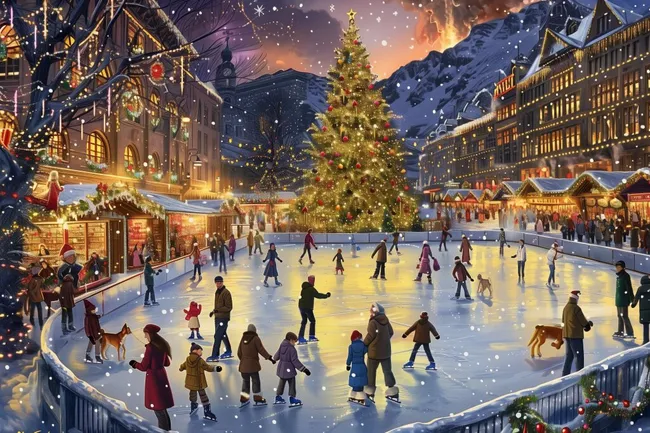 Winterliche Weihnachtsmarkt-Szene mit Eislaufbahn