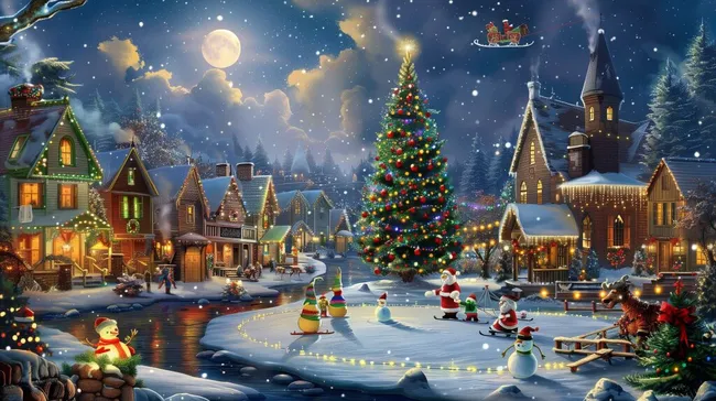 Winterliche Weihnachtsszene mit geschmücktem Dorfplatz