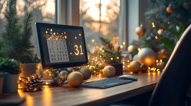 Winterlicher Büroarbeitsplatz mit Silvester-Countdown