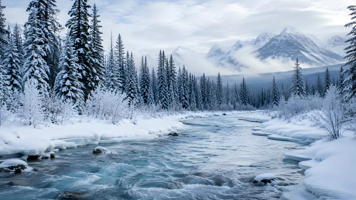 Winterlicher Gebirgsfluss mit schneebedeckten Tannen