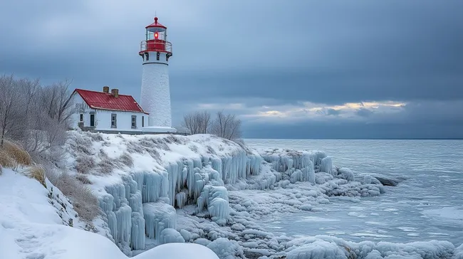 Winterlicher Leuchtturm an der vereisten Küste