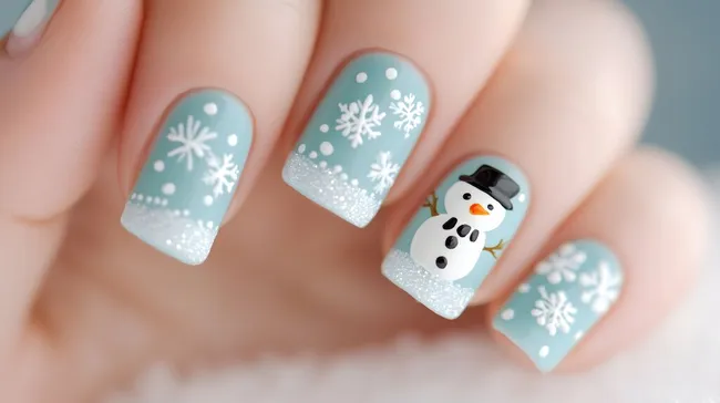 Winterlicher Nageldesign mit Schneemann und Schneeflocken