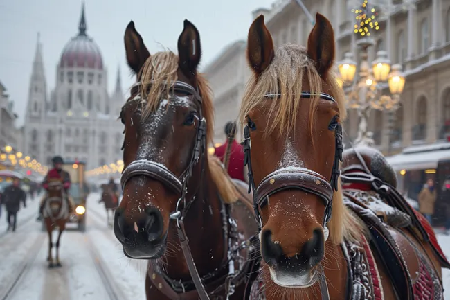 Winterlicher Pferdekutschen-Panoramablick in Budapest