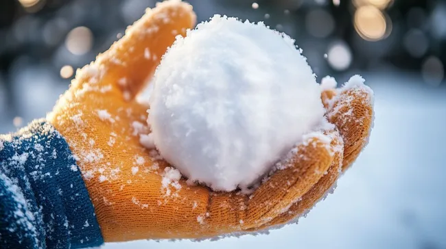 Winterlicher Schneeball in oranger Handschuh-Nahaufnahme
