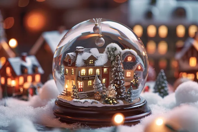 Winterlicher Schneekugel-Dekor mit Leuchtturm und Tannenbaum