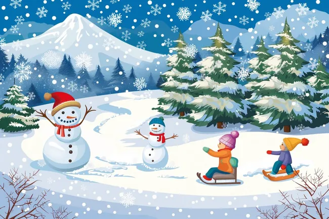 Winterlicher Schneeszene mit Schneemännern und Schlittenfahrenden