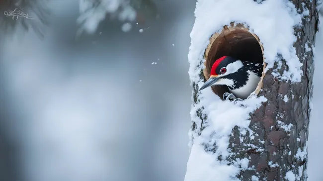 Winterlicher Specht in Baumhöhle