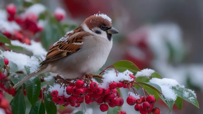 Winterlicher Sperling zwischen Schnee und Beeren