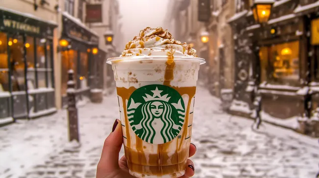 Winterlicher Starbucks Butterbier Frappuccino mit Sahne und Karamell