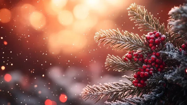 Winterlicher Tannenzweig mit roten Beeren und Schnee