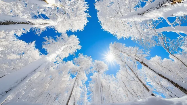 Winterlicher Wald im Sonnenschein - Schneeweiße Bäume am blauen Himmel