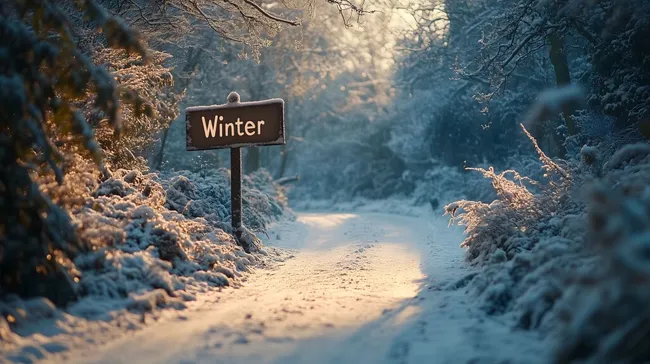 Winterlicher Waldweg im Schnee mit Wegweiser