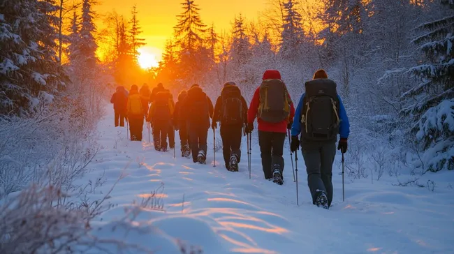 Winterlicher Wanderweg bei Sonnenuntergang