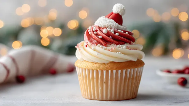 Winterlicher Weihnachtscupcake mit Pudermütze