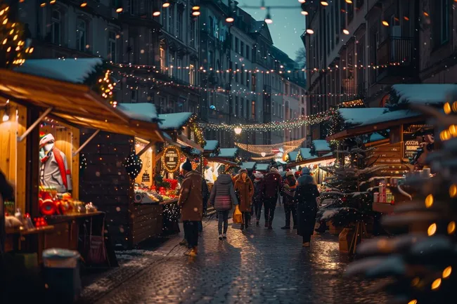 Winterlicher Weihnachtsmarkt in einer historischen Straße