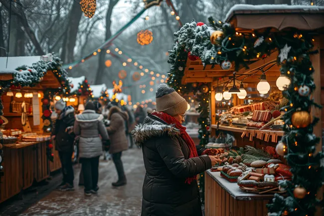 Winterlicher Weihnachtsmarkt mit Buden und Glühweinständen