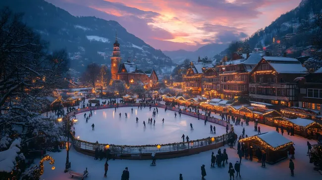 Winterlicher Weihnachtsmarkt mit Eisbahn in der Dämmerung