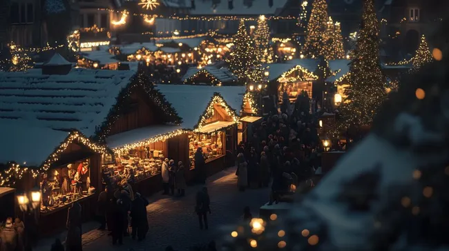 Winterlicher Weihnachtsmarkt mit erleuchteten Hütten