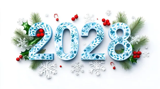 Winterlicher Zahleneffekt 2023 mit Schneeflocken und Beeren