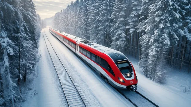 Winterliches Bahnreisen durch schneebedeckte Berglandschaft