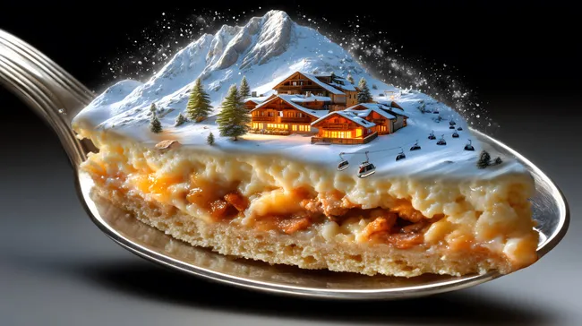 Winterliches Bergdorf mit Käsekuchen auf Löffel