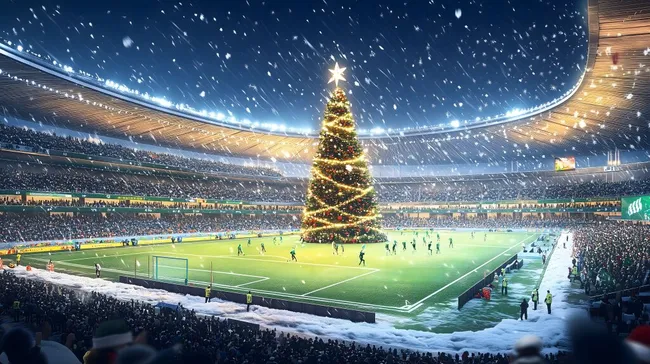 Winterliches Fußballstadion mit Weihnachtsbaum und Schneefall