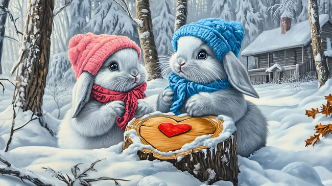 Winterliches Kaninchen-Pärchen mit Herz-Geschenk