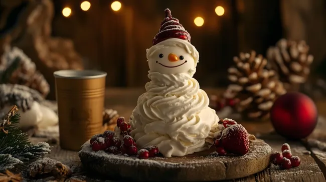 Winterliches Schneemann-Dessert mit Beeren und Tannenzapfen