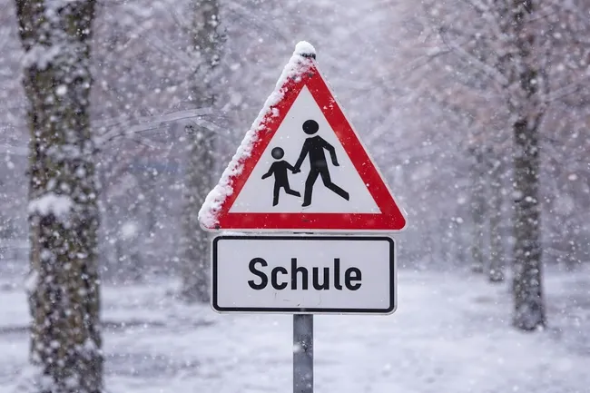 Winterliches Verkehrsschild für Schule im Schneegestöber