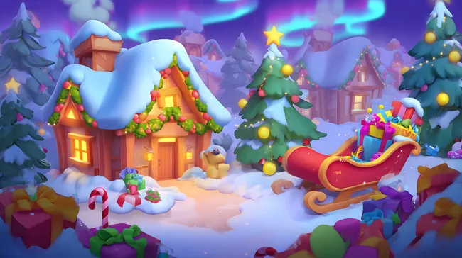 Winterliches Weihnachtsdorf mit Geschenken und Schlitten