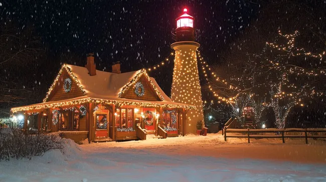 Winterliches Weihnachtshaus am Leuchtturm