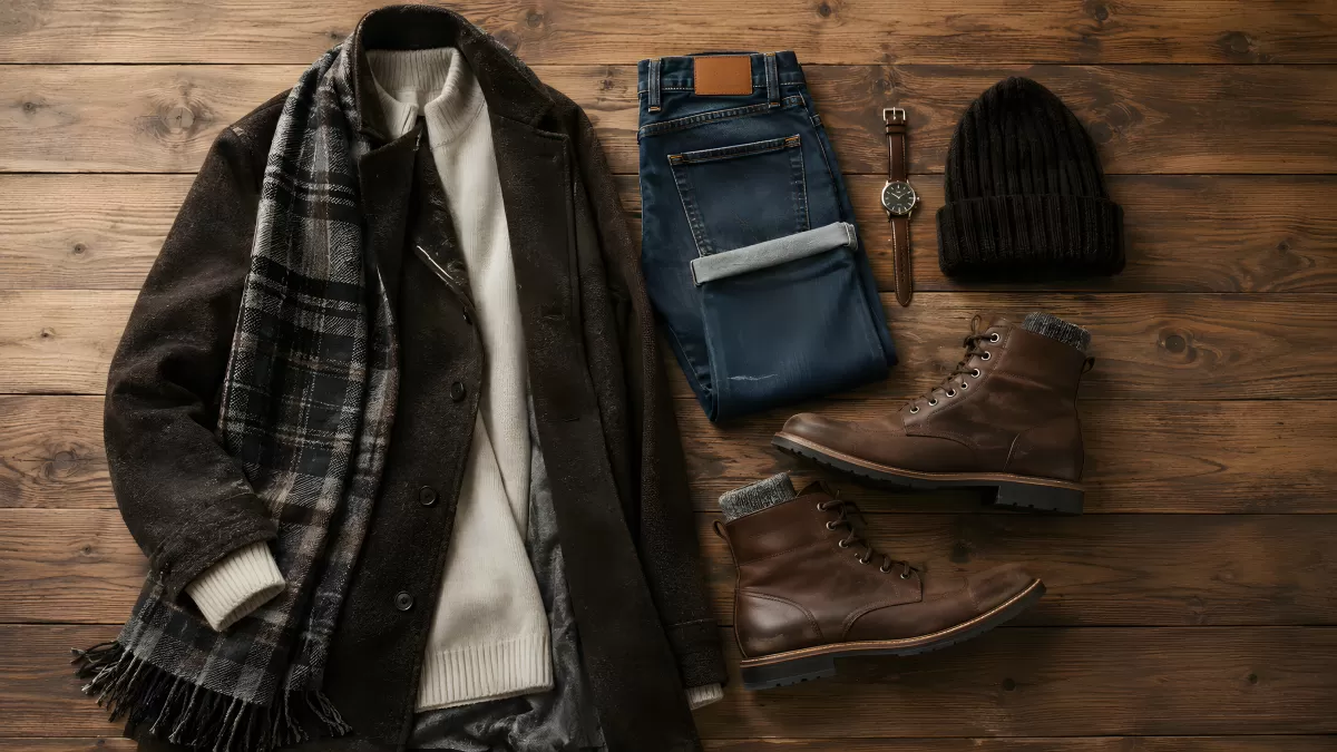 Winteroutfit Flatlay mit Mantel, Jeans und Lederstiefeln