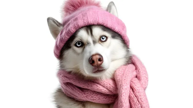 Winterporträt eines niedlichen Siberian Husky mit Mütze und Schal