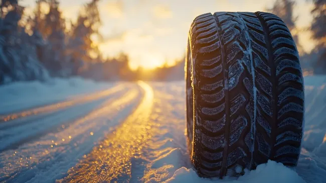 Winterreifen im Schnee bei Sonnenaufgang