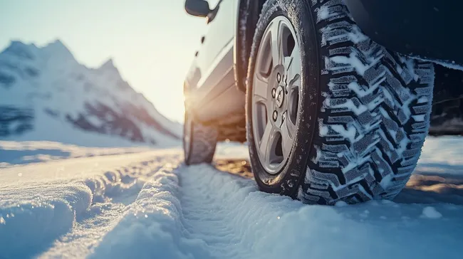 Winterreifenbewaffnetes Auto in verschneiter Berglandschaft