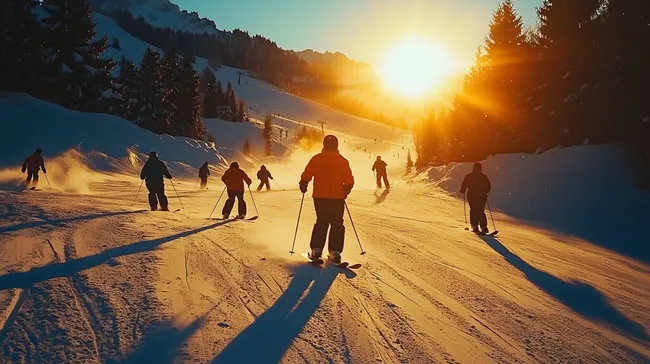 Winterskifahren bei Sonnenuntergang in Berglandschaft