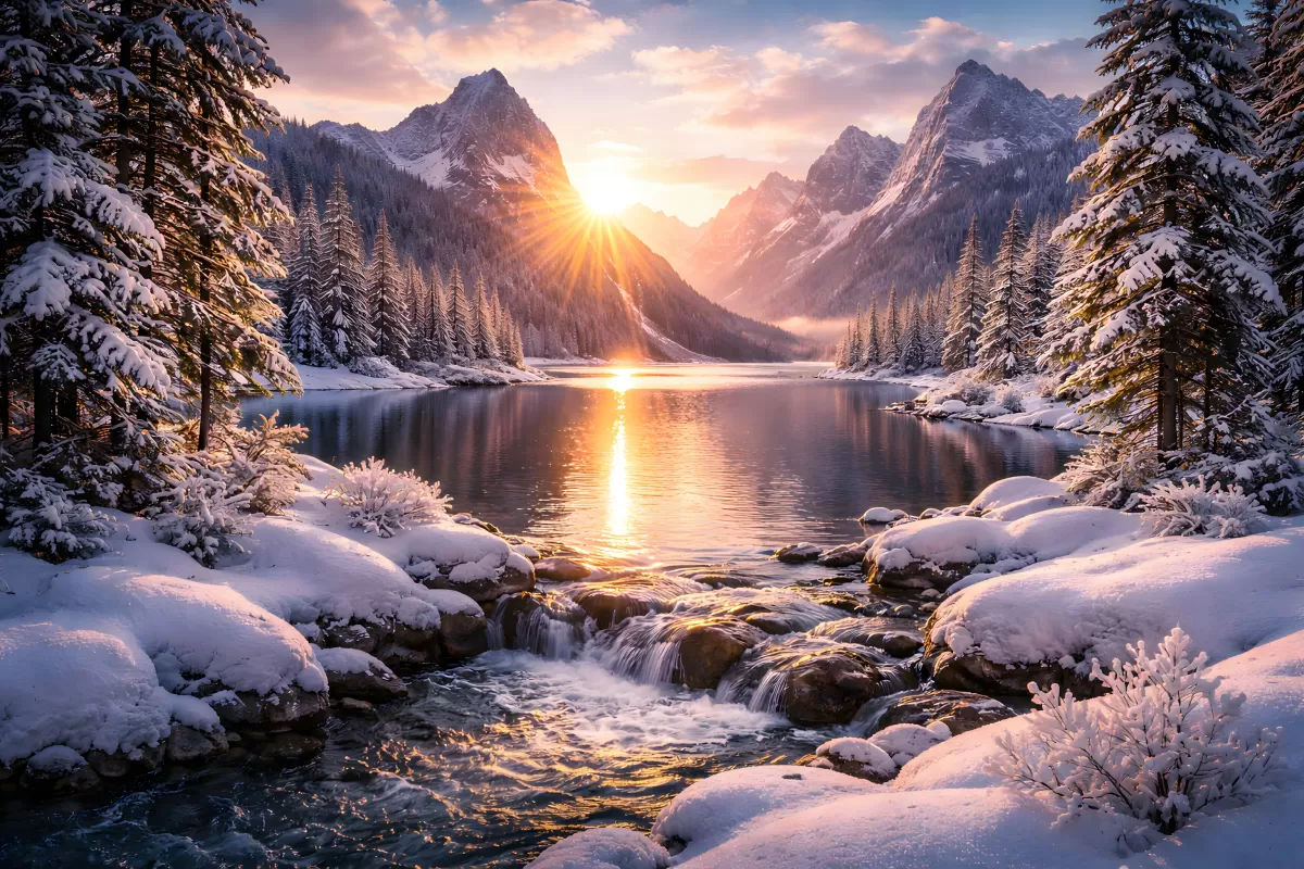 Wintersonnenaufgang an einem Bergsee im Schnee