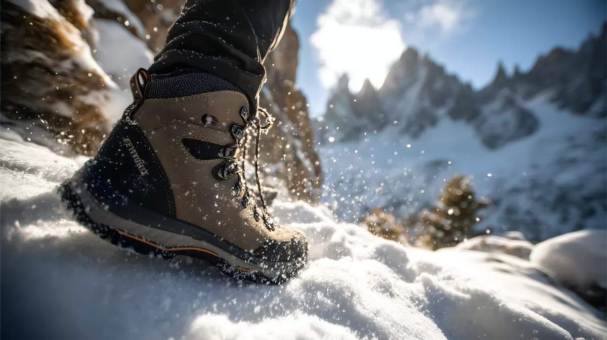 Winterwandern in den Alpen mit Wanderstiefel im Schnee