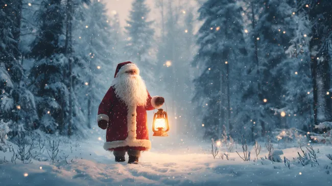 Winterwunderland mit leuchtender Laterne und Weihnachtsmann