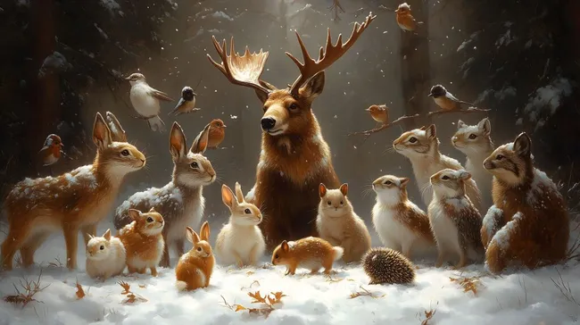 Winterwunderland mit majestätischem Hirsch und Waldbewohnern