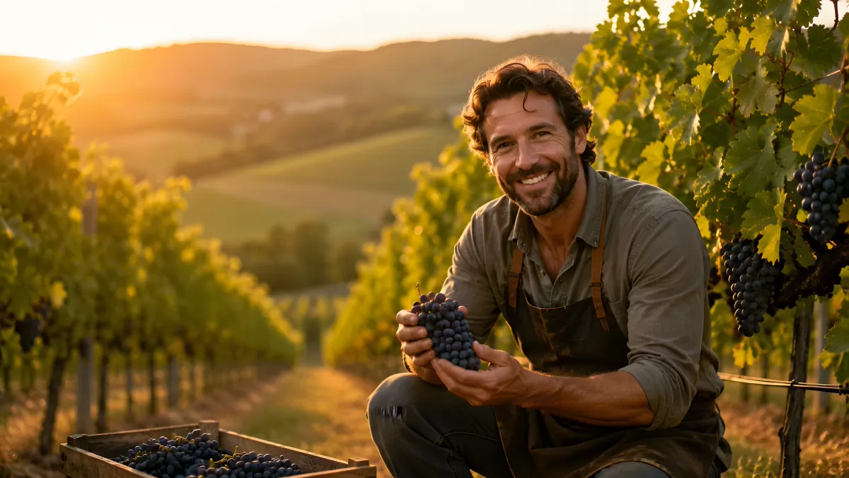 Winzer bei der Weinlese im goldenen Abendlicht