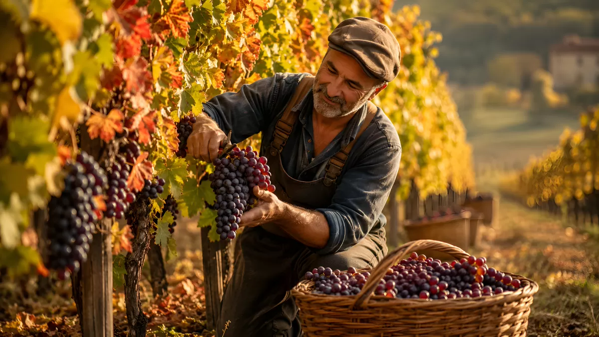 Winzer bei der Weinlese im herbstlichen Weinberg