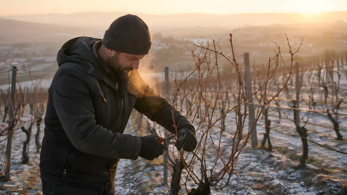 Winzer beim Rebschnitt im winterlichen Weinberg