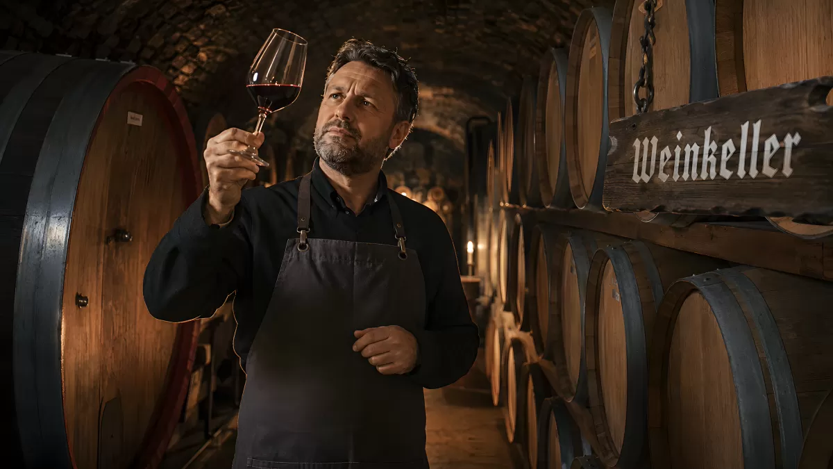 Winzer prüft Rotwein im historischen Weinkeller