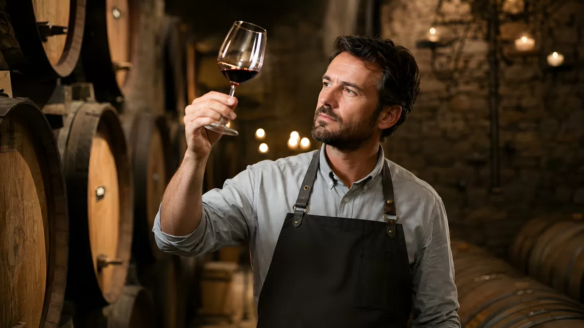 Winzer prüft Rotwein im Weinkeller mit Holzfässern